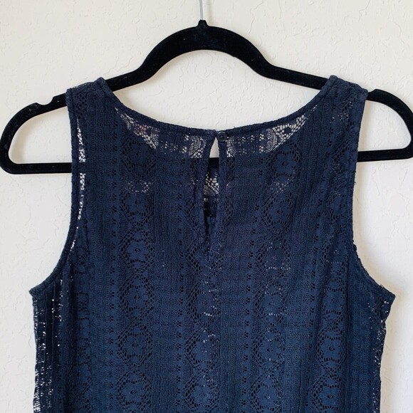 LOFT Blouse XS Navy Blue Sheer Floral Lace Sleeveless Feminine Preppy Career - Picture 3 of 7
